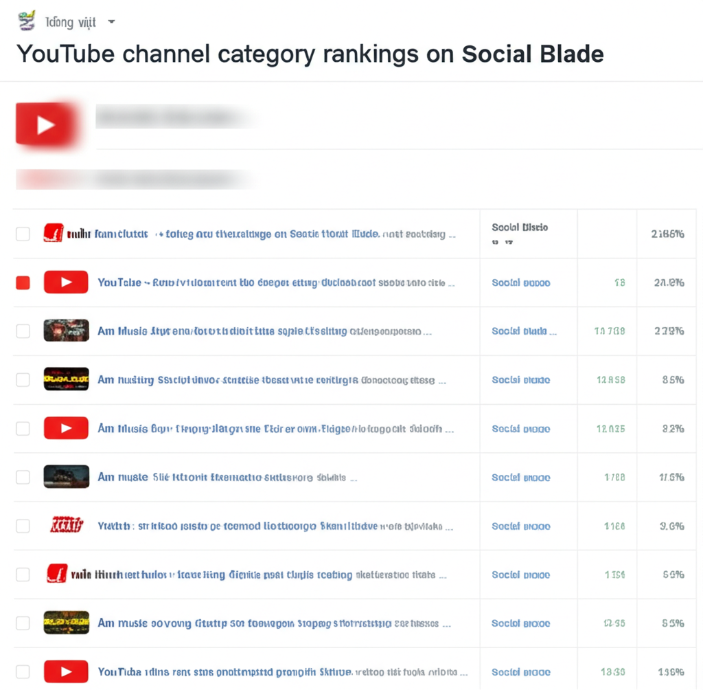 Bảng xếp hạng kênh YouTube theo danh mục trên Social Blade 