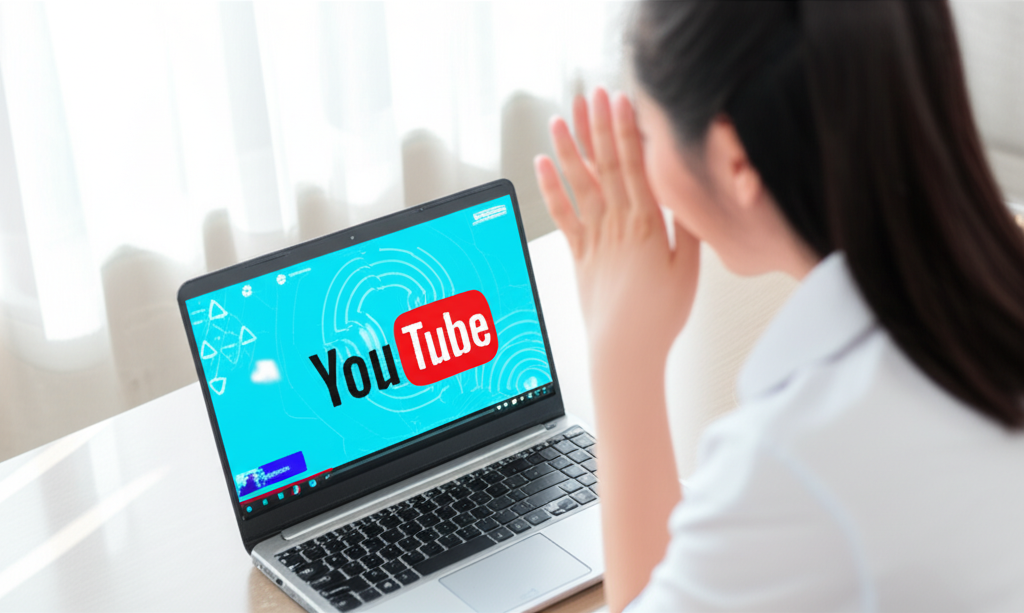 Bức ảnh về một cô gái trẻ đang hào hứng khám phá các ứng dụng AI trên laptop, với logo YouTube hiển thị trên màn hình.