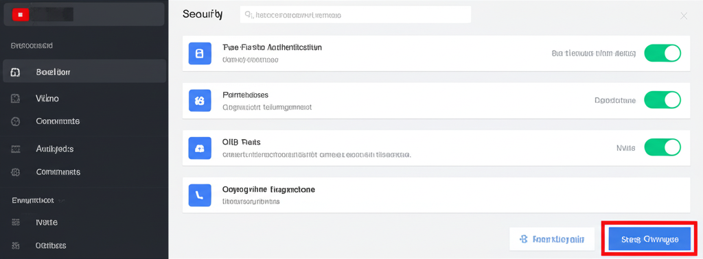 Giao diện quản lý kênh YouTube với các cài đặt bảo mật và tối ưu hóa