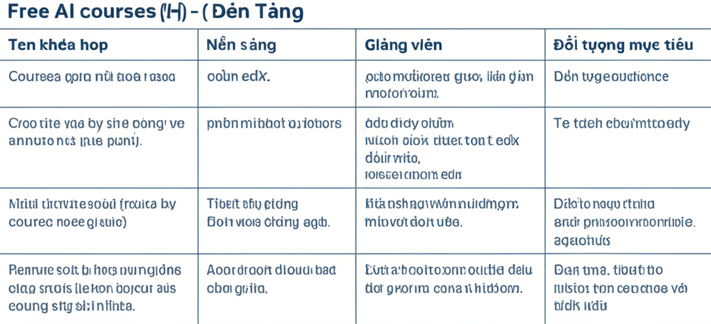 Minh họa một bảng so sánh các khóa học AI miễn phí, hiển thị tên khóa học, nền tảng, giảng viên và đối tượng phù hợp.