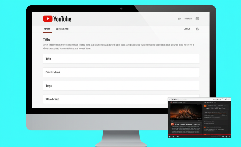 Một màn hình máy tính hiển thị các yếu tố SEO của một video YouTube: tiêu đề, mô tả, thẻ, thumbnail 