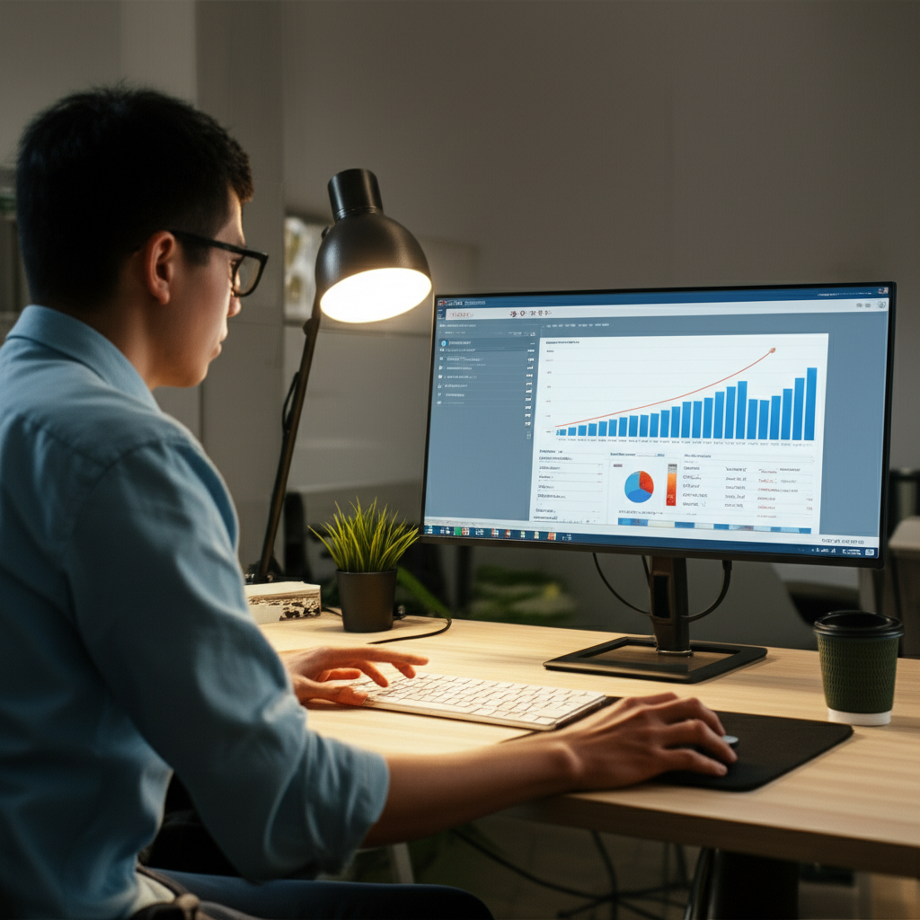 Youtuber đang phân tích số liệu hiệu suất kênh và chiến lược tăng trưởng thu nhập 