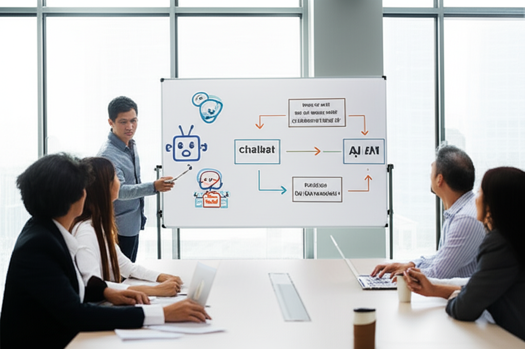 A professional image depicting a person presenting AI solutions like chatbots and automation systems to a group of business professionals in a modern office setting.
