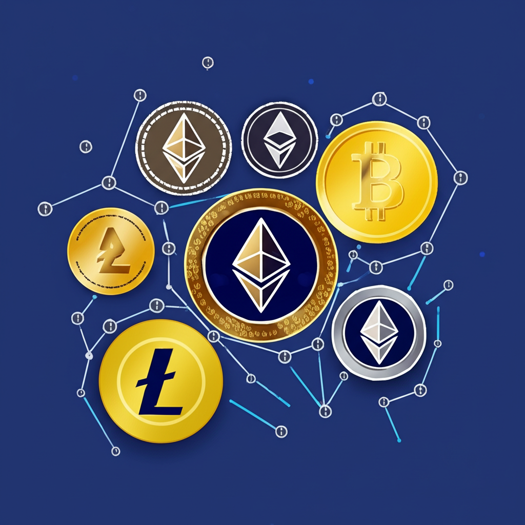 Minh họa các loại tiền điện tử và công nghệ blockchain