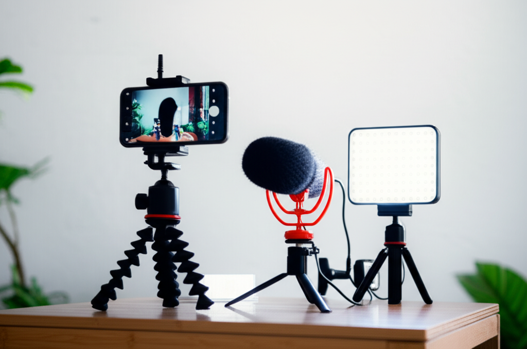 Một người đang quay video với thiết bị cơ bản: điện thoại, chân máy, đèn LED, micro 